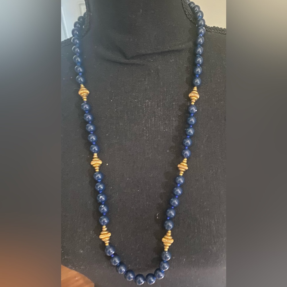 Elegant Blue and Gold Beaded Necklace with Lobster Claw Closure